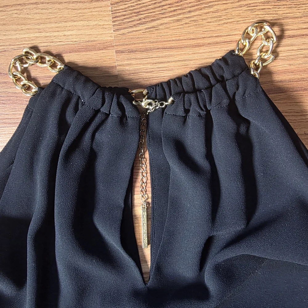 Michael Kors Elegant Black Sleeveless Halter Top with Gold Chain Detail Necklin - Picture 1 of 5